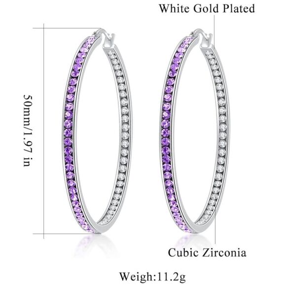 14K White Gold with Purple Amethyst and Diamond Cubic Zirconia Big Hoop Earrings - Picture 6 of 6